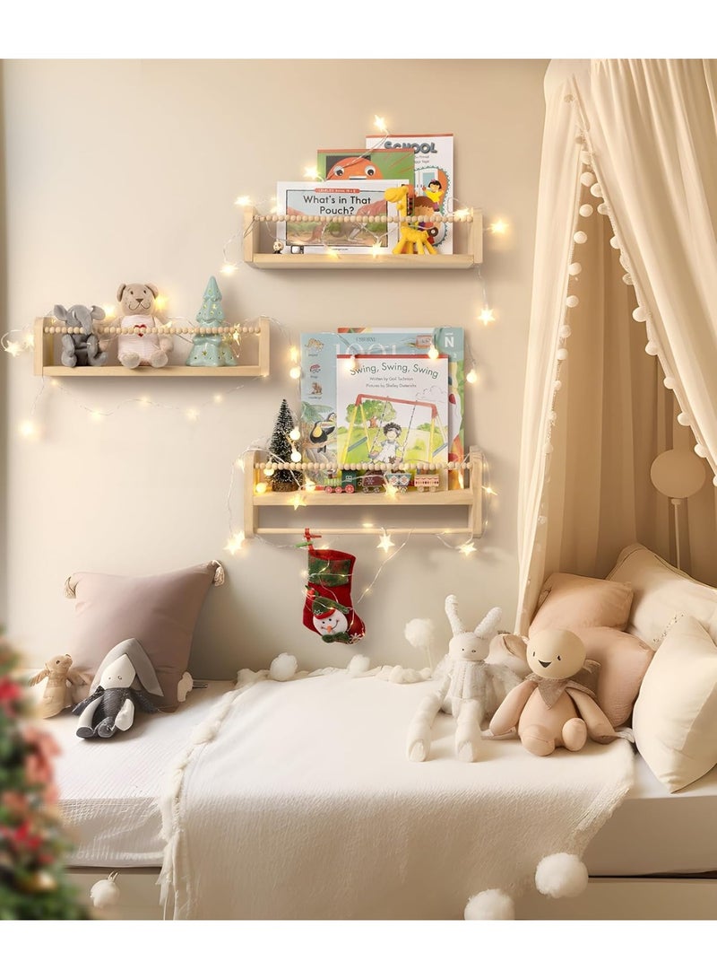 Nursery Shelves Floating Book Shelf for Wall, Kids Shelves for Bedroom Baby Bookshelf Decor, Solid Wood Small Shelving Organizer With Wooden Bead Design 40cm Set of 3 - Image 4